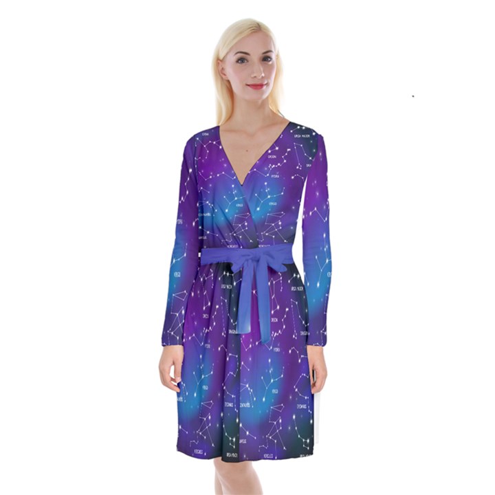 Realistic Night Sky Poster With Constellations Long Sleeve Velvet Front Wrap Dress