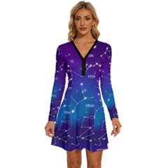 Realistic Night Sky Poster With Constellations Long Sleeve Deep V Mini Dress  by Grandong