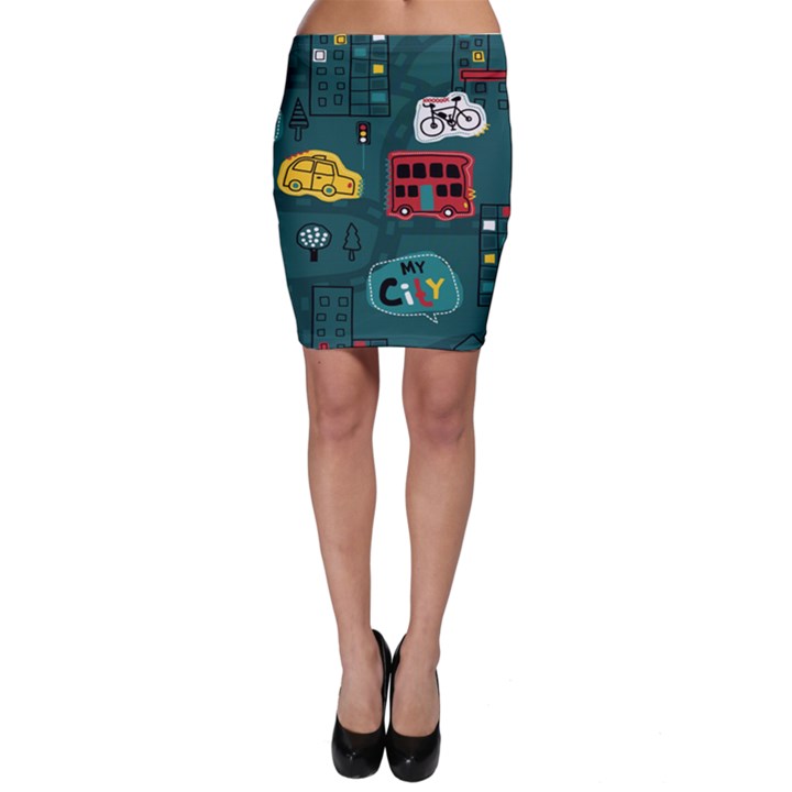 Seamless Pattern Hand Drawn With Vehicles Buildings Road Bodycon Skirt