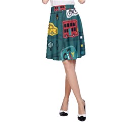 Seamless Pattern Hand Drawn With Vehicles Buildings Road A-line Skirt by Grandong