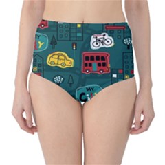 Seamless Pattern Hand Drawn With Vehicles Buildings Road Classic High-waist Bikini Bottoms by Grandong