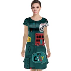 Seamless Pattern Hand Drawn With Vehicles Buildings Road Cap Sleeve Nightdress by Grandong