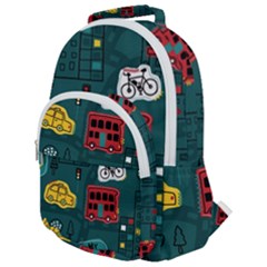 Seamless Pattern Hand Drawn With Vehicles Buildings Road Rounded Multi Pocket Backpack by Grandong