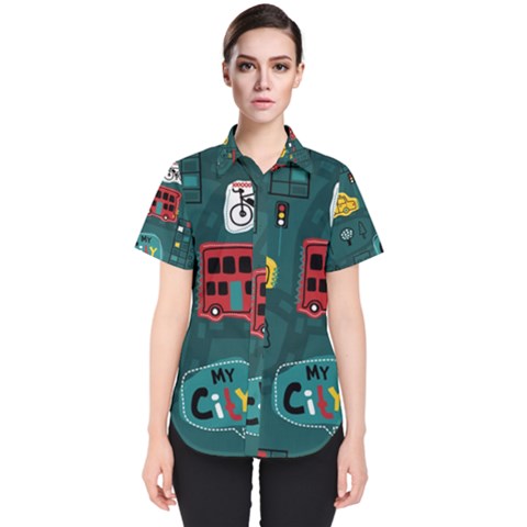 Seamless Pattern Hand Drawn With Vehicles Buildings Road Women s Short Sleeve Shirt by Grandong