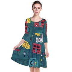 Seamless Pattern Hand Drawn With Vehicles Buildings Road Quarter Sleeve Waist Band Dress by Grandong