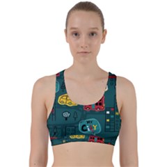 Seamless Pattern Hand Drawn With Vehicles Buildings Road Back Weave Sports Bra by Grandong