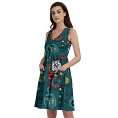 Seamless Pattern Hand Drawn With Vehicles Buildings Road Sleeveless Dress With Pocket by Grandong