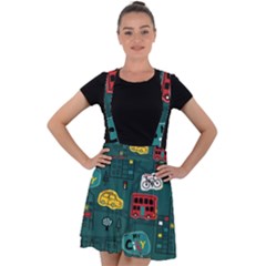 Seamless Pattern Hand Drawn With Vehicles Buildings Road Velvet Suspender Skater Skirt by Grandong