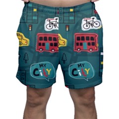 Seamless Pattern Hand Drawn With Vehicles Buildings Road Men s Shorts by Grandong