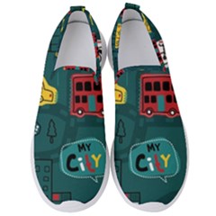 Seamless Pattern Hand Drawn With Vehicles Buildings Road Men s Slip On Sneakers