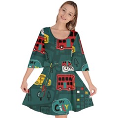 Seamless Pattern Hand Drawn With Vehicles Buildings Road Velour Kimono Dress by Grandong