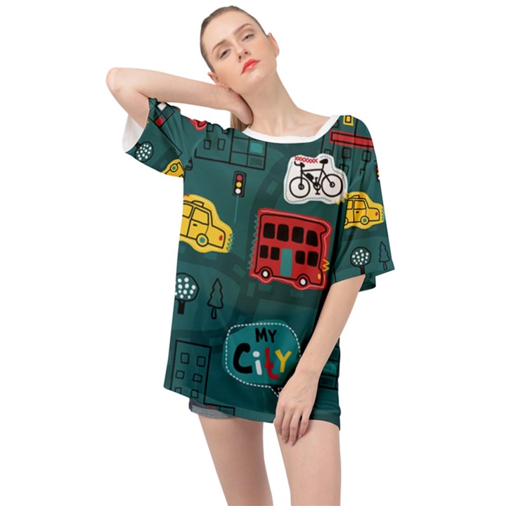 Seamless Pattern Hand Drawn With Vehicles Buildings Road Oversized Chiffon Top