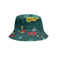 Seamless Pattern Hand Drawn With Vehicles Buildings Road Inside Out Bucket Hat (kids) by Grandong