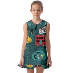 Seamless Pattern Hand Drawn With Vehicles Buildings Road Kids  Pilgrim Collar Ruffle Hem Dress by Grandong