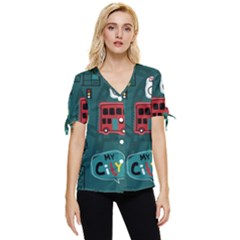 Seamless Pattern Hand Drawn With Vehicles Buildings Road Bow Sleeve Button Up Top by Grandong