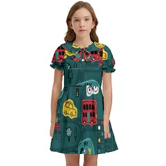 Seamless Pattern Hand Drawn With Vehicles Buildings Road Kids  Bow Tie Puff Sleeve Dress by Grandong