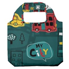 Seamless Pattern Hand Drawn With Vehicles Buildings Road Premium Foldable Grocery Recycle Bag by Grandong