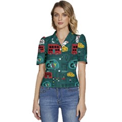 Seamless Pattern Hand Drawn With Vehicles Buildings Road Puffed Short Sleeve Button Up Jacket