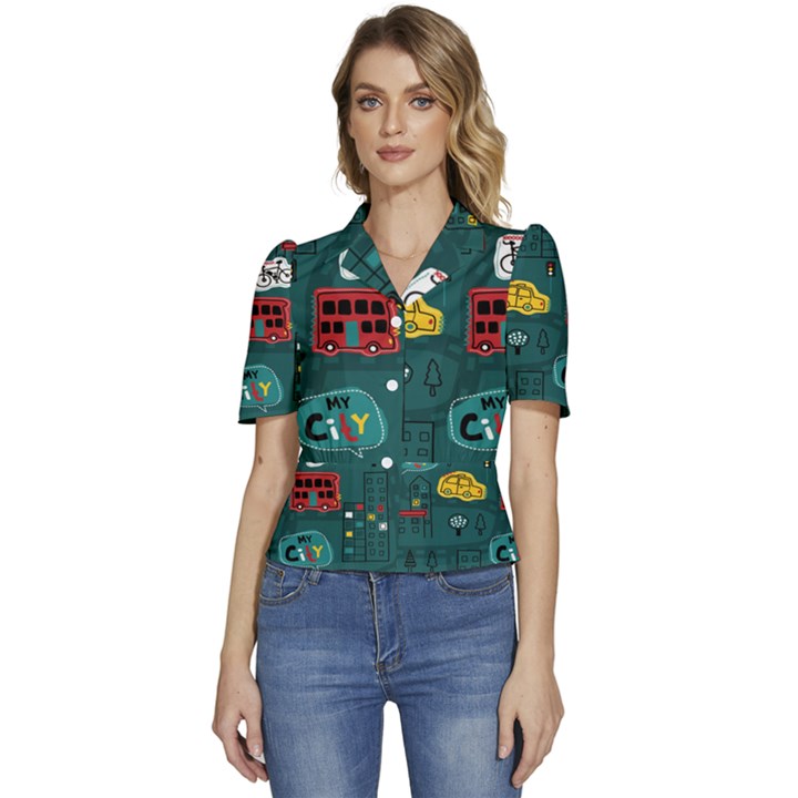 Seamless Pattern Hand Drawn With Vehicles Buildings Road Puffed Short Sleeve Button Up Jacket