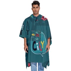 Seamless Pattern Hand Drawn With Vehicles Buildings Road Men s Hooded Rain Ponchos by Grandong