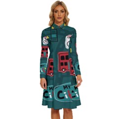 Seamless Pattern Hand Drawn With Vehicles Buildings Road Long Sleeve Shirt Collar A-line Dress by Grandong