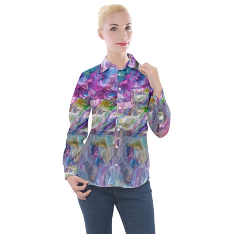 Fuchsia On Turquoise Flow Women s Long Sleeve Pocket Shirt by kaleidomarblingart