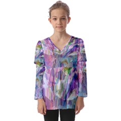 Fuchsia On Turquoise Flow Kids  V Neck Casual Top by kaleidomarblingart