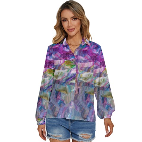 Fuchsia On Turquoise Flow Women s Long Sleeve Button Up Shirt by kaleidomarblingart