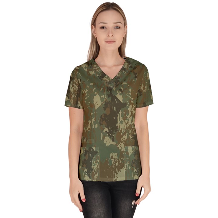 Camouflage Splatters Background Women s V-Neck Scrub Top