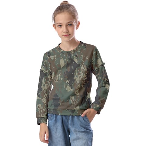 Camouflage Splatters Background Kids  Long Sleeve T-shirt With Frill  by Grandong