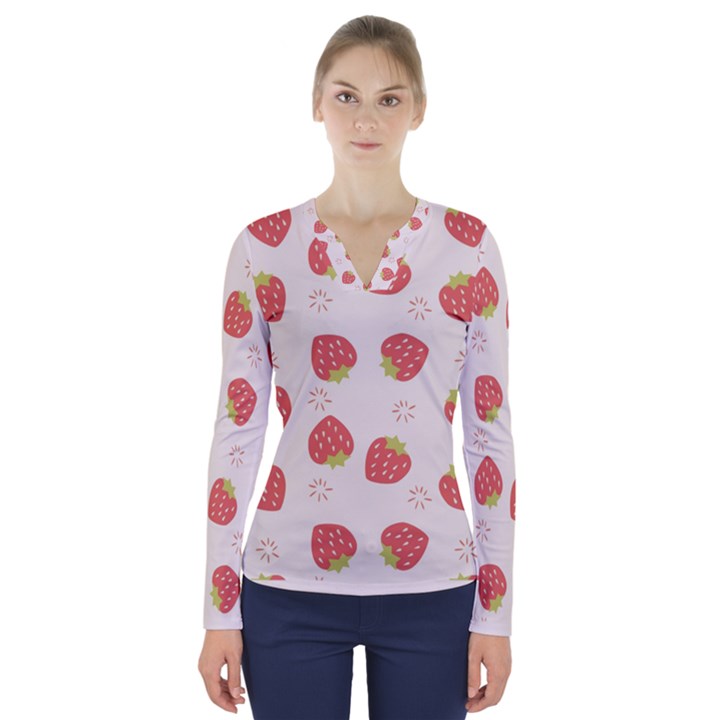 Strawberries Pattern Design V-Neck Long Sleeve Top