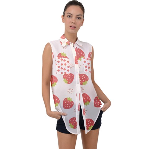 Strawberries Pattern Design Sleeveless Chiffon Button Shirt by Grandong