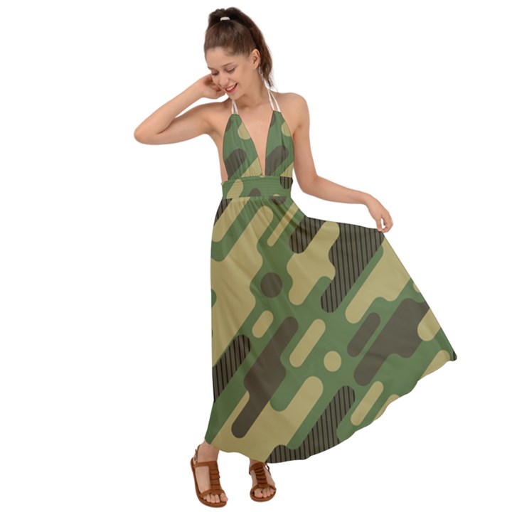 Camouflage Pattern Background Backless Maxi Beach Dress