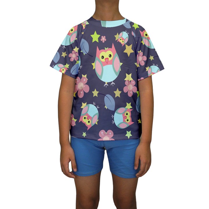 Owl Stars Pattern Background Kids  Short Sleeve Swimwear