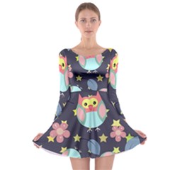 Owl Stars Pattern Background Long Sleeve Skater Dress by Grandong