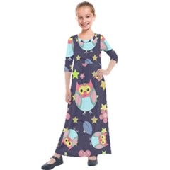 Owl Stars Pattern Background Kids  Quarter Sleeve Maxi Dress by Grandong