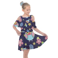 Owl Stars Pattern Background Kids  Shoulder Cutout Chiffon Dress by Grandong