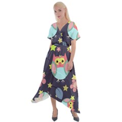 Owl Stars Pattern Background Cross Front Sharkbite Hem Maxi Dress by Grandong