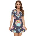 Owl Stars Pattern Background V-Neck High Waist Chiffon Mini Dress View1