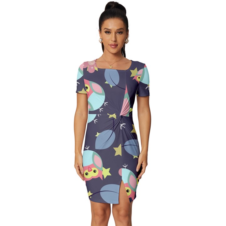 Owl Stars Pattern Background Fitted Knot Split End Bodycon Dress