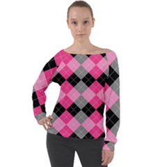 Seamless Argyle Pattern Off Shoulder Long Sleeve Velour Top by Grandong