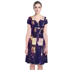 Tardis Regeneration Art Doctor Who Paint Purple Sci Fi Space Star Time Machine Short Sleeve Front Wrap Dress by Cemarart