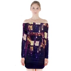 Tardis Regeneration Art Doctor Who Paint Purple Sci Fi Space Star Time Machine Long Sleeve Off Shoulder Dress by Cemarart