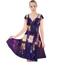 Tardis Regeneration Art Doctor Who Paint Purple Sci Fi Space Star Time Machine Cap Sleeve Front Wrap Midi Dress by Cemarart