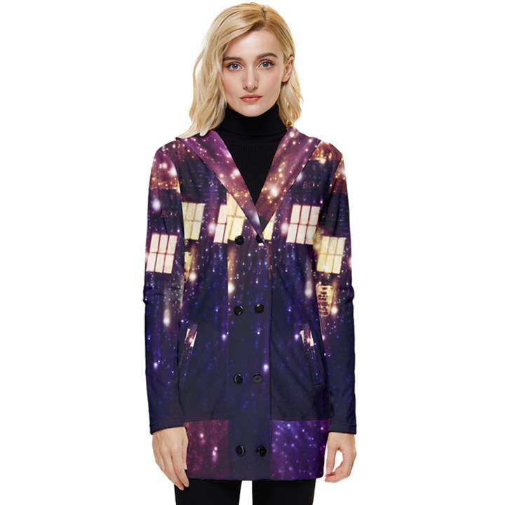 Tardis Regeneration Art Doctor Who Paint Purple Sci Fi Space Star Time Machine Button Up Hooded Coat 