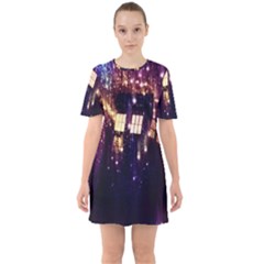 Tardis Regeneration Art Doctor Who Paint Purple Sci Fi Space Star Time Machine Sixties Short Sleeve Mini Dress by Cemarart