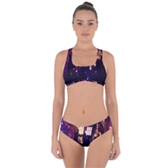 Tardis Regeneration Art Doctor Who Paint Purple Sci Fi Space Star Time Machine Criss Cross Bikini Set by Cemarart