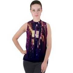 Tardis Regeneration Art Doctor Who Paint Purple Sci Fi Space Star Time Machine Mock Neck Chiffon Sleeveless Top by Cemarart