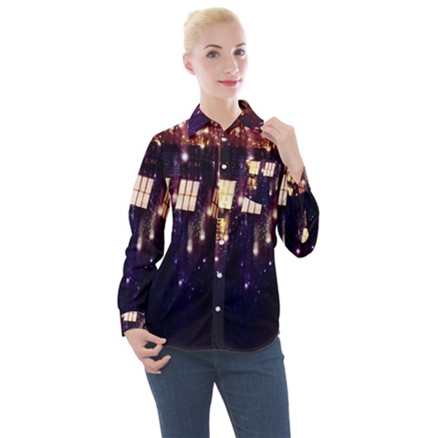 Tardis Regeneration Art Doctor Who Paint Purple Sci Fi Space Star Time Machine Women s Long Sleeve Pocket Shirt by Cemarart