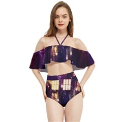 Tardis Regeneration Art Doctor Who Paint Purple Sci Fi Space Star Time Machine Halter Flowy Bikini Set  by Cemarart